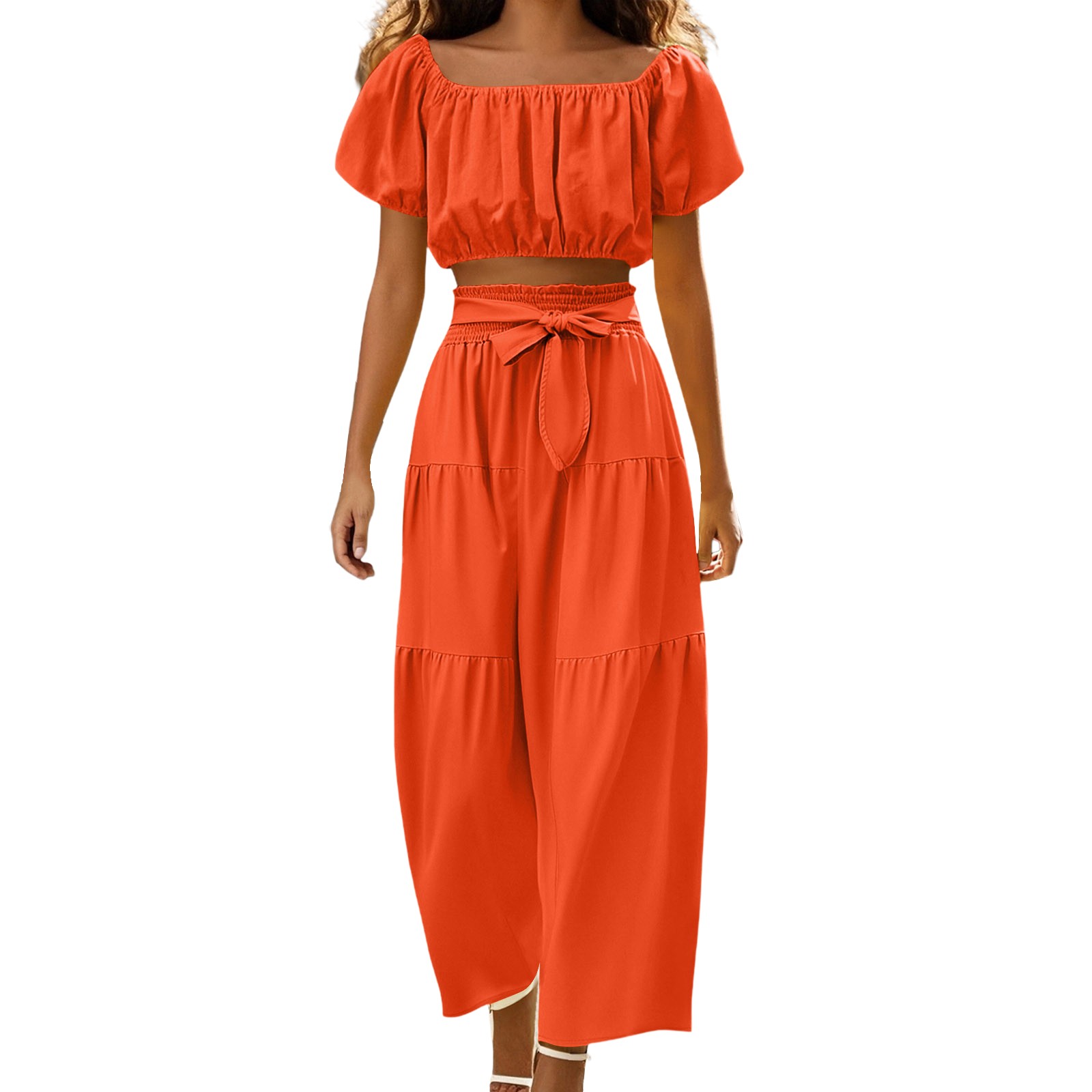 thumbnail image 1 of Conjunto moderno para el día: top con cuello cuadrado y mangas abullonadas y pantalones de pierna ancha - Poliéster - Ropa informal/de vacaciones, 1 of 8
